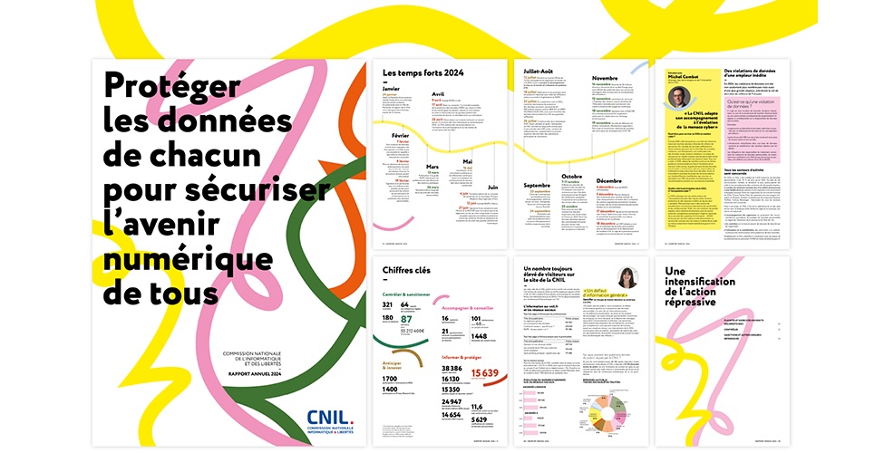 Rapport annuel de la Cnil sur la protection des données, visuel de couverture + quelques pages